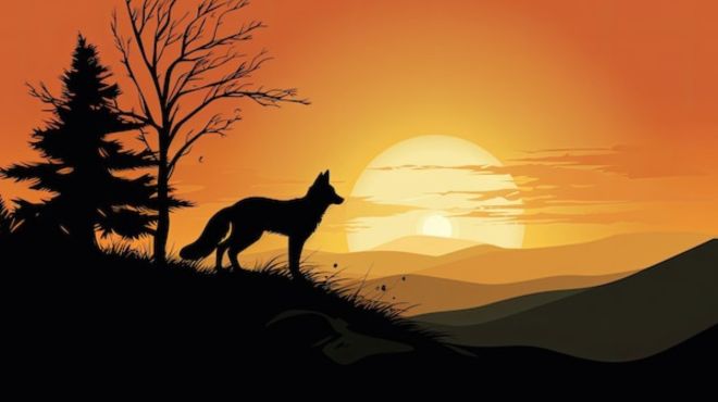 Majestic black fox against a sunset mountain backdrop, representing spiritual significance in the wilderness.