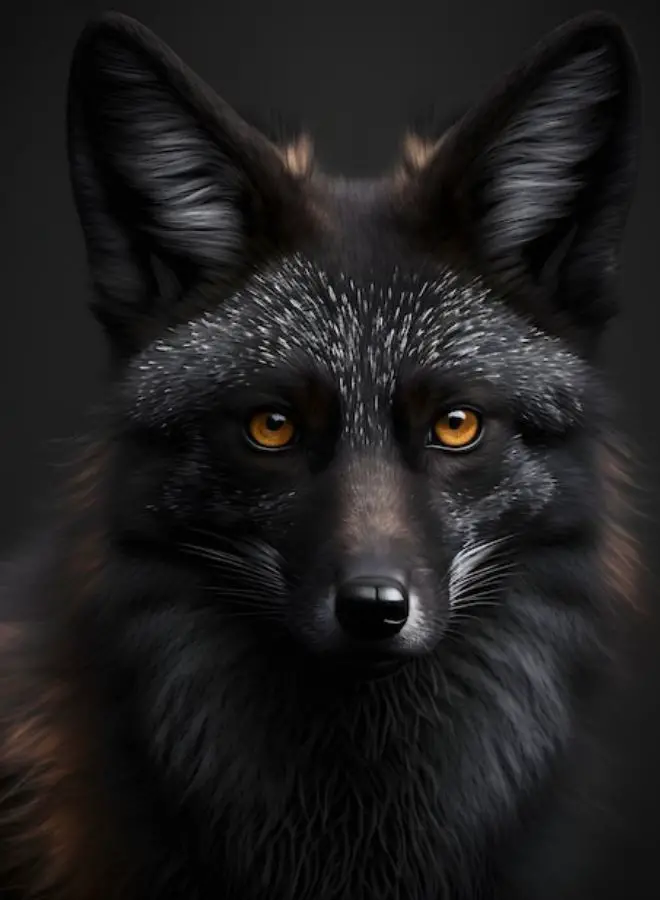 Closeup of a black fox's face, capturing the mystery and spirituality of this majestic creature.